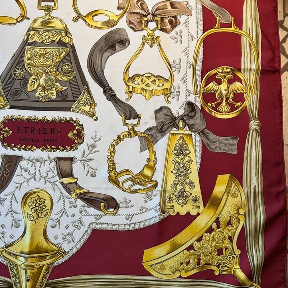 Vintage Hermes Etriers Silk Scarf Crimson and Gold by Françoise de la Perriere - Picture 4 of 15